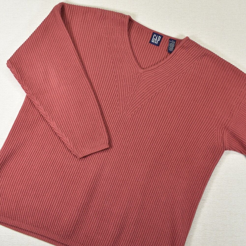 Vintage 90s GAP Ribbed Heavyweight V Neck Sweater Womens S Made in UK Pink